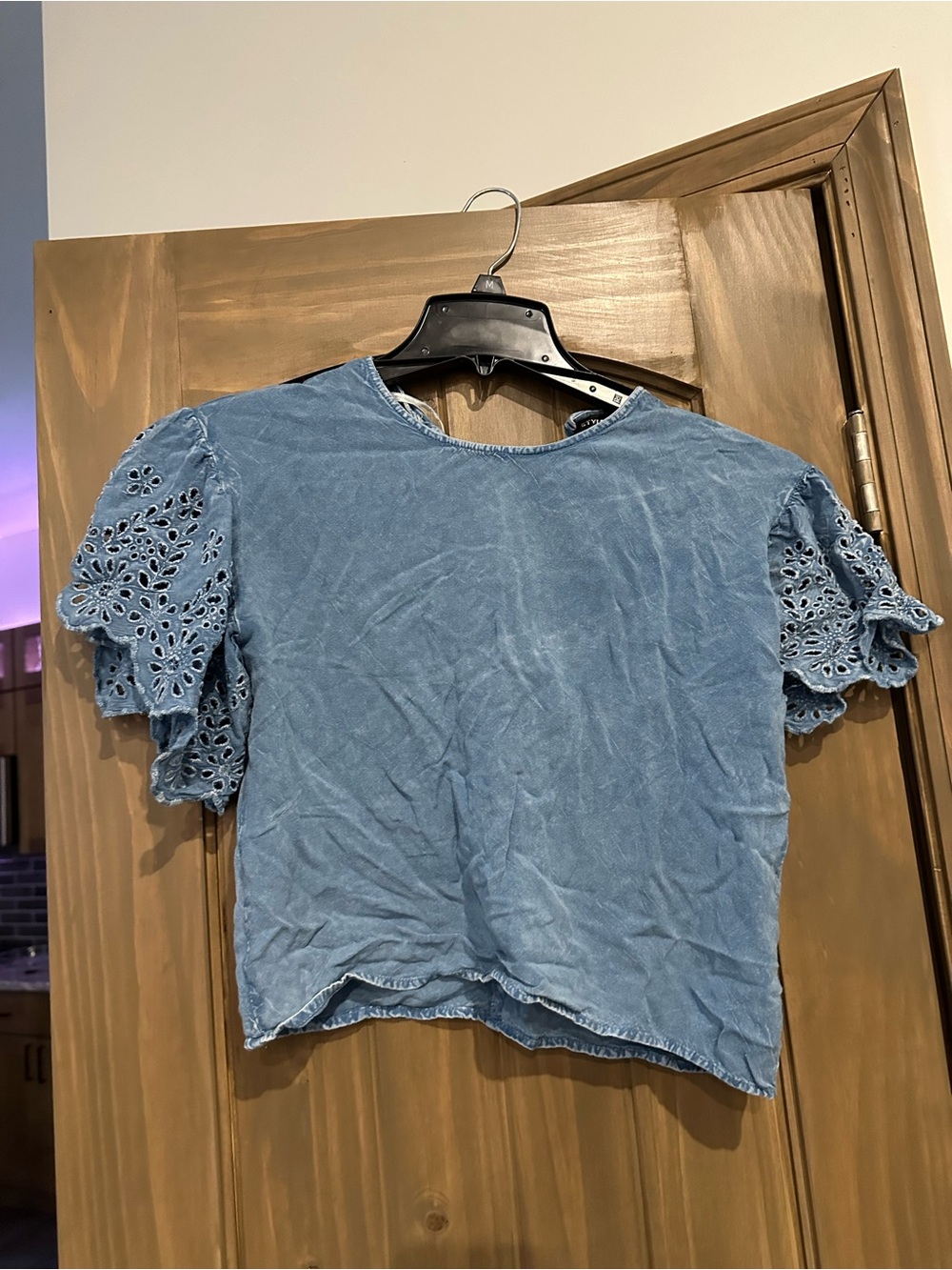 Blue Eyelet Sleeve Women's Top